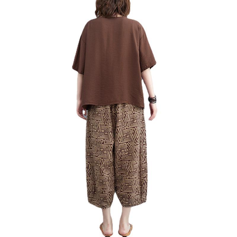 Plus Size Suit Female Summer Korean Style Plaid Blouse + Casual Pants Loose Two-piece Suit