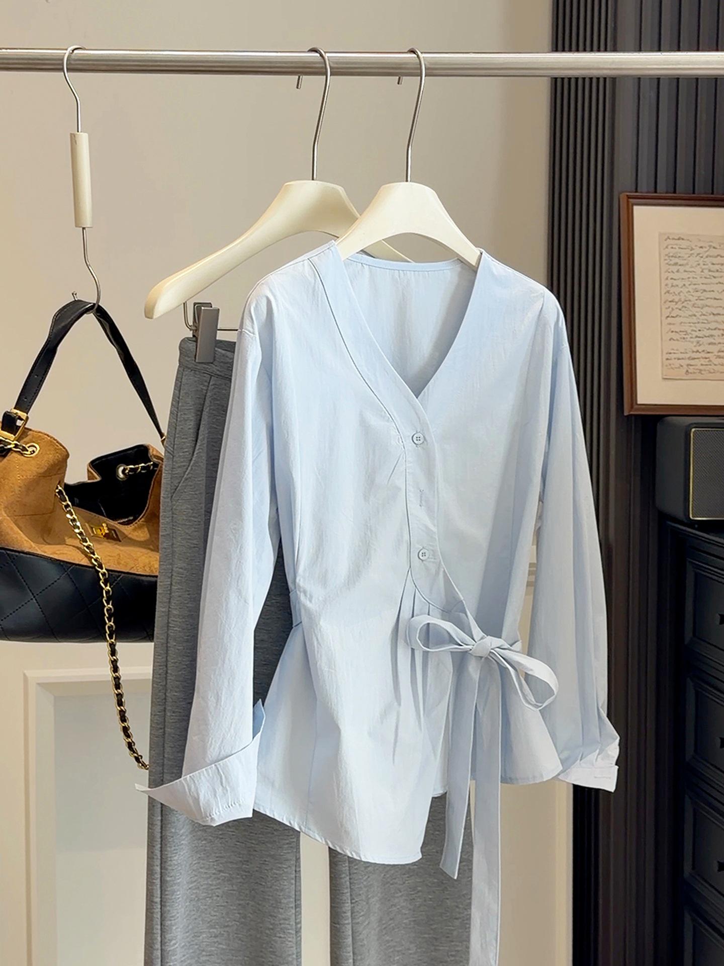 Korean Elegant V-Neck Tie-Waist Long-Sleeve Women s Spring Cardigan One Size синий