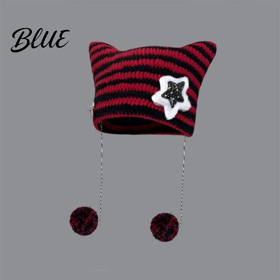 Striped Design Winter Knitted Knitting Ear Hat Style Cat Beanie Japanese Star Print Autumn Plush