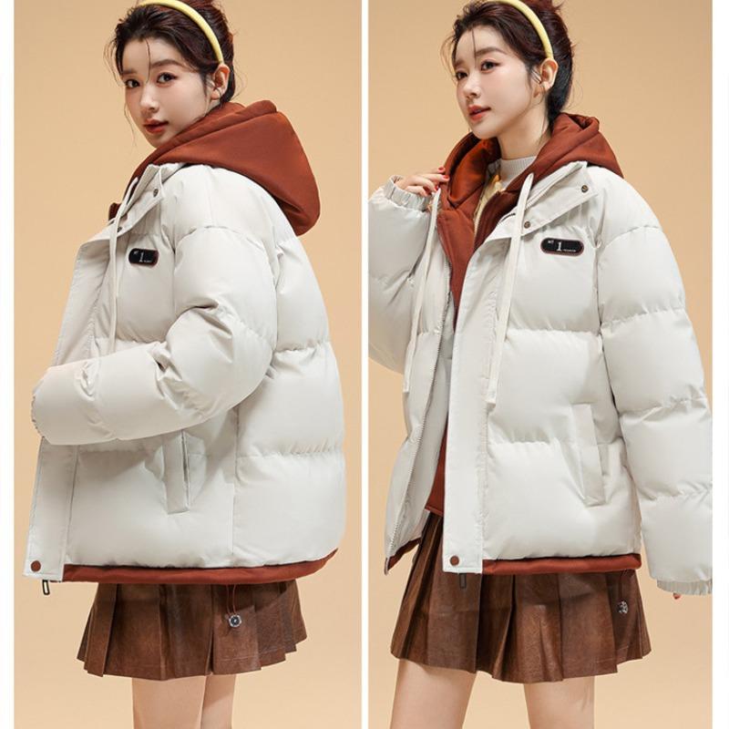 Drawstring Fake Two-piece Women's Autumn and Winter Jacket Short Hooded Jacket Loose Casual Student Warm Jacket 6 Colors