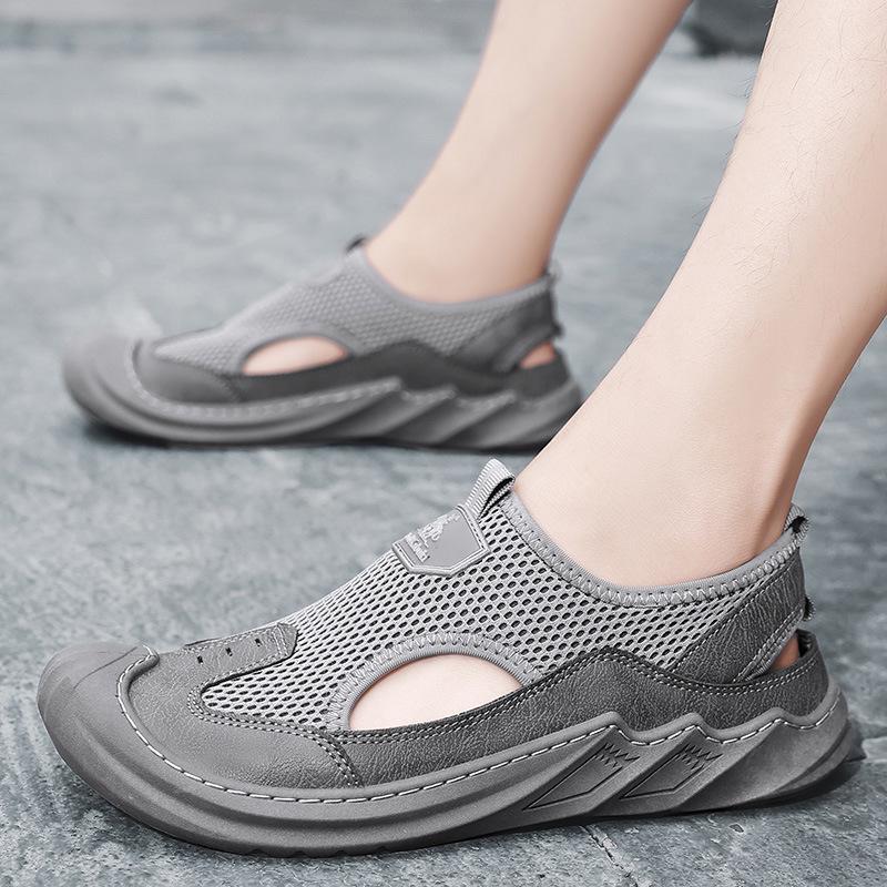 Men's 2024 Summer Genuine Leather Mesh Sandals - Breathable Soft Sole Casual Beach Shoes