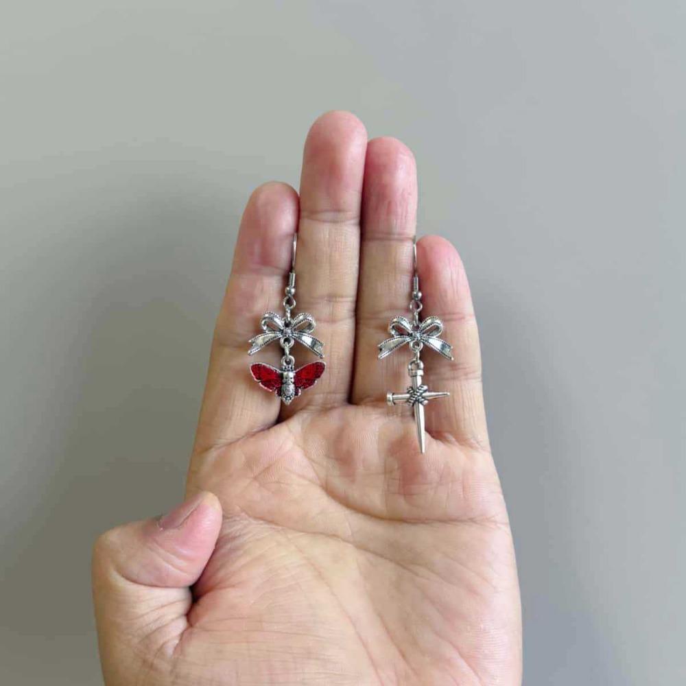 Gothic Sliver Color Stainless Steel Bowknot Nail-cross Moth Skull Head Asymmetric Dangle Earrings for Women Halloween Jewelry