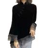Women's Spring and Autumn Thin Plus Size Black Velvet Cheongsam Blouse Collar Disc Button Bottoming Shirt