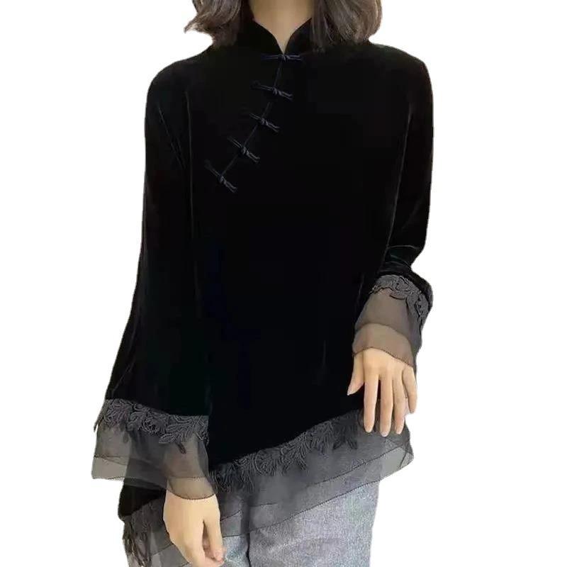 Women's Spring and Autumn Thin Plus Size Black Velvet Cheongsam Blouse Collar Disc Button Bottoming Shirt