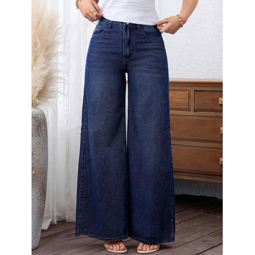 2025 Trendy Women's Wide-Leg Jeans - Washed Dark Blue