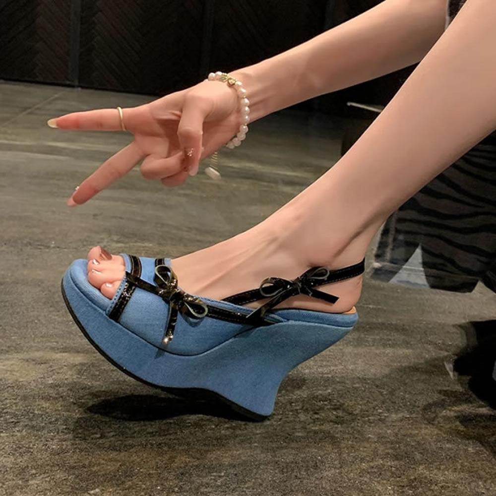 Bow Women Wedges Sandals Peep Toe Platform Summer Shoes 2025 Designer Denim Sexy Slingback Slippers New Trend Woman Pumps Mujer