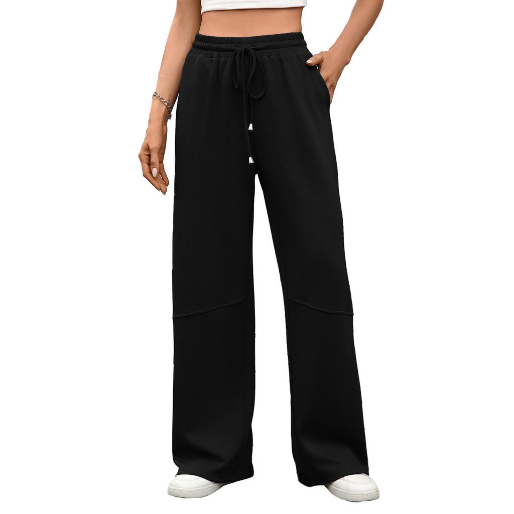 Women's Casual Fashion Solid Color Elastic Waist Drawstring Pockets Wide Leg Straight Pants