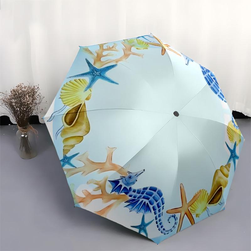 1pc Seashell Starfish Coral Wreath Border Clipart Umbrella with Plastic Handle,Suitable for All Seasons Home Travel Outdoor UmbrellaDD1634