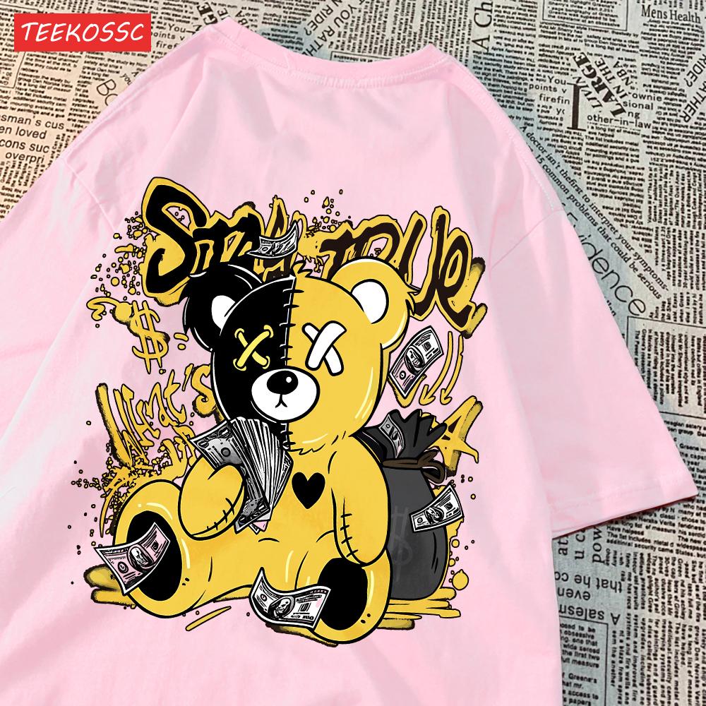 Street Cotton Womans T-Shirts Bear Cartoon Pattern Printing Tops Oversize O-Neck Soft Short Sleeve Summer Casual Female Clothes