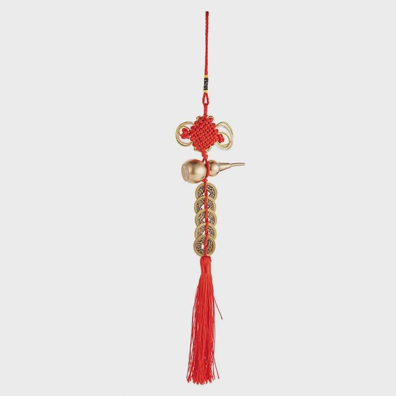 Brass Five Emperors Coins Knot Pendant with Cinnabar Fillable Copper Gourd