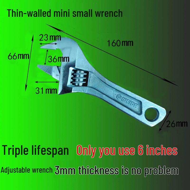 Thin Large Opening Adjustable Wrench for Bathroom & Heating, Multi-functional Small Tool
