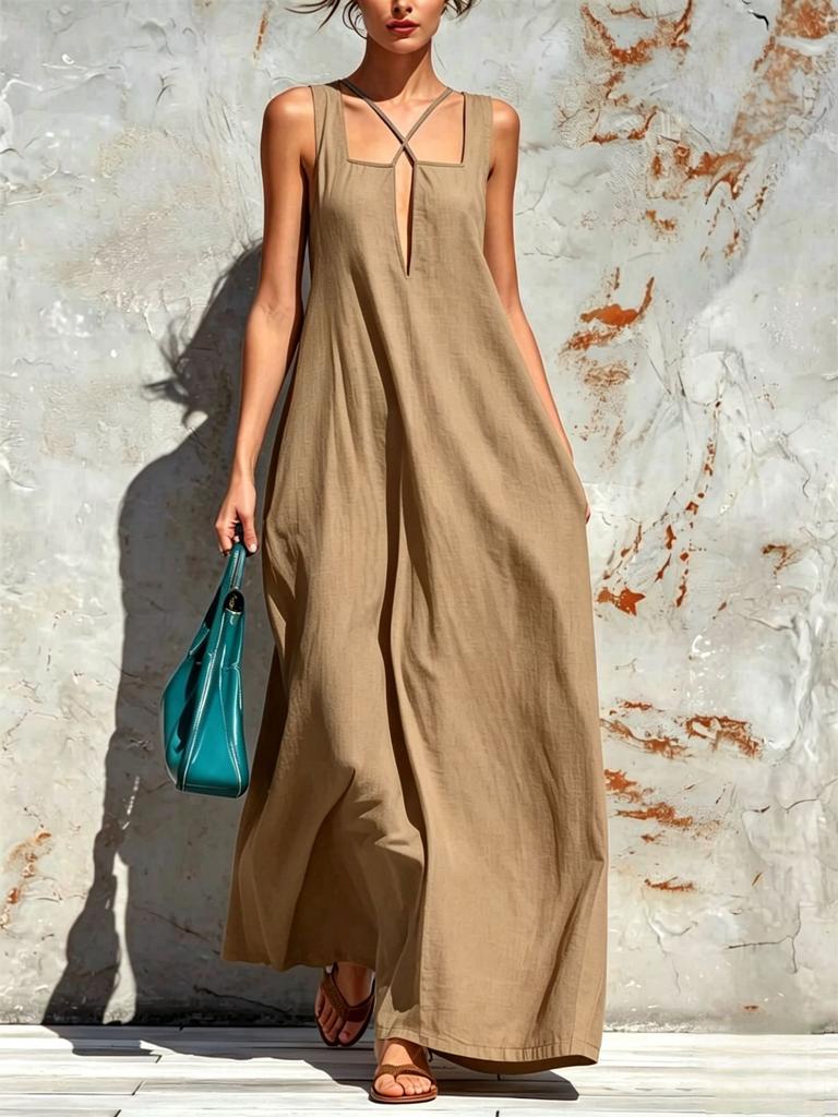 European and American cross-border Amazon Bohemian vacation style square collar cross neck long dress loose pendulum dress