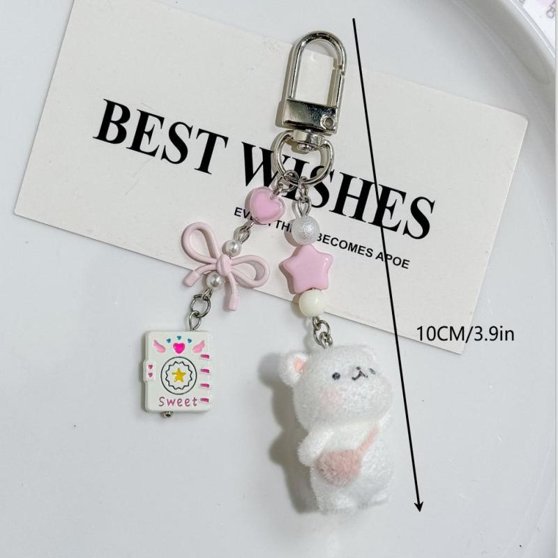 Creative Flocking Bear Bag Pendant Car Keychain Small Animal Mobile Phone Pendant For Girl Women Gift Bag Decoration