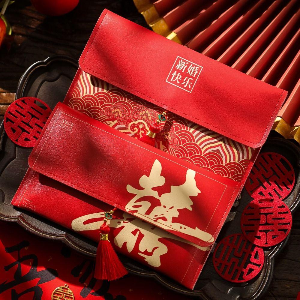Chinese New Year PU Lucky Red Pockets Button Blessing Words Tassel Red Envelop PU Leather Spring Festival