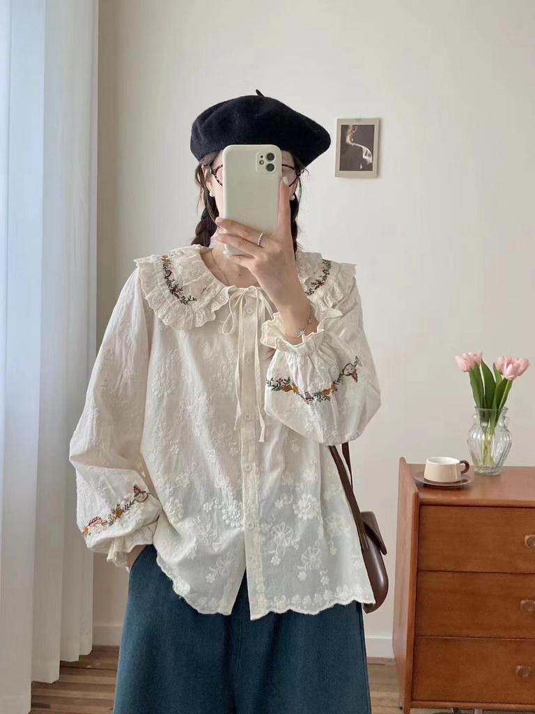 Embroidery Lace Doll Collar Shirt Women Spring Autumn Loose Casual Tie Tops