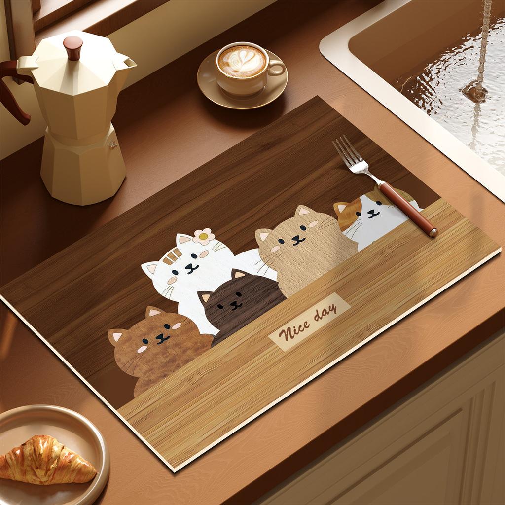 Cartoon Patchwork Good Luck Drying Mat Cat Watermelon Apple Print Non Slip Absorbent Espresso Machine Counter Pad Rug
