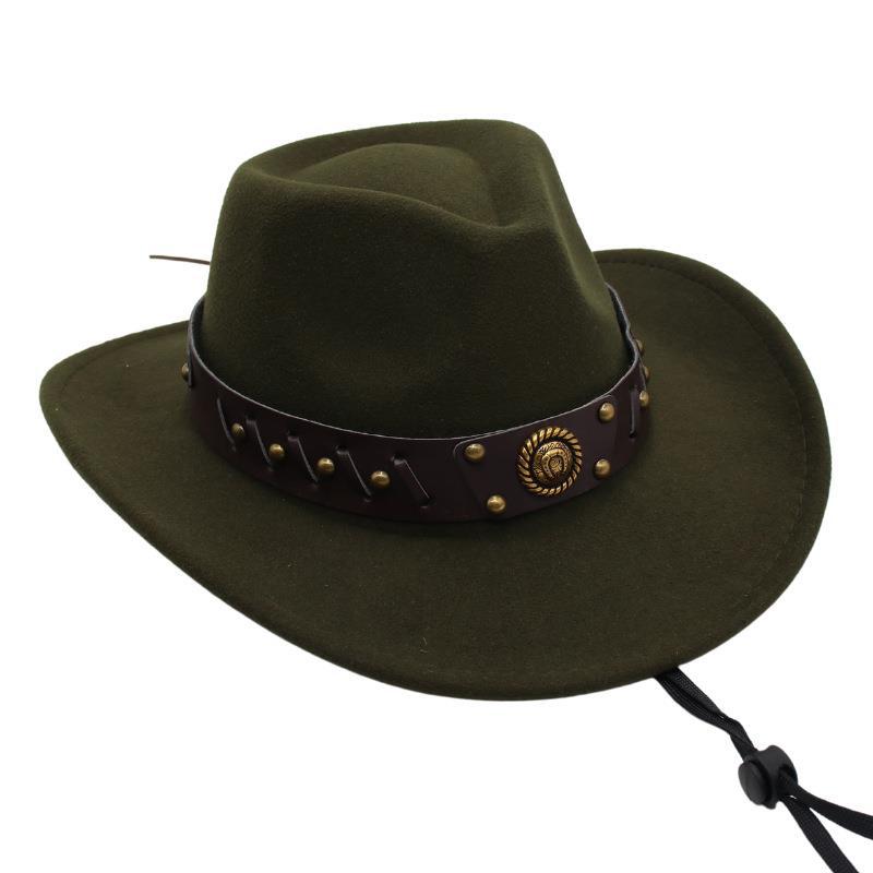 Western Cowboy Hat Tibetan Top Hat Felt Jazz Hat Rolled Edge Felt Hat Rivet Belt Buckle Metal