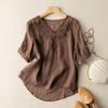 T-shirt à manches courtes en coton et lin pour femme, été, col en V, broderie, coupe ample, section fine, amincissant, tailles étendues, vêtements pour femme