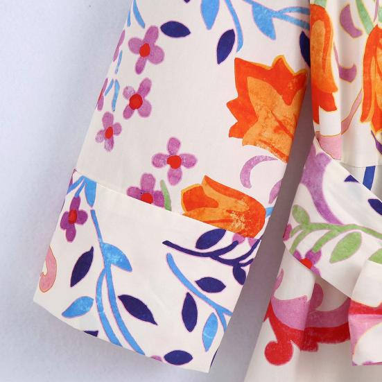 Floral Print Women Dress Turn-down Collar A-Line 45720 Sleeve Single-breasted Mid-Calf Shirt Dress