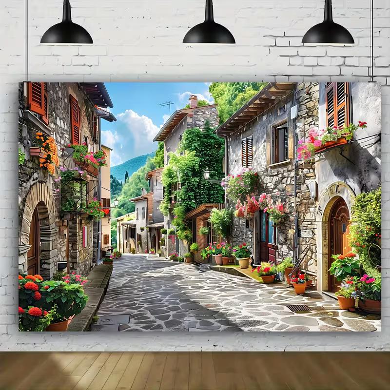 2D Italian Old Town Village Backdrop, Cobblestone Street & Stone Houses Photo Banner for Party & Events 47.2x31.5inch/120*80cm