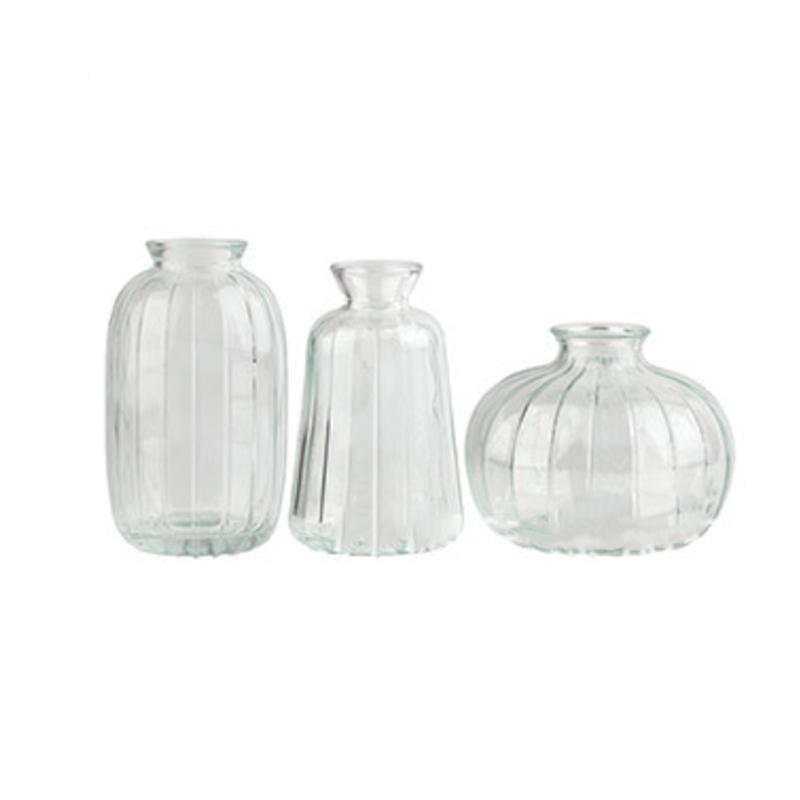 Vasi portafiori in vetro trasparente a costine Confezione da 3 Set Decorativo Multiuso Per Tavola Da Pranzo O Scaffale Esposizione Composizioni Floreali
