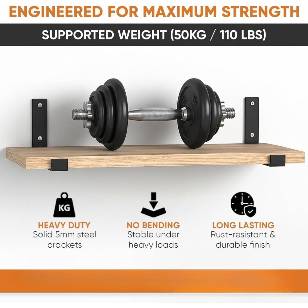 4PCS Heavy Duty Black Steel L Brackets, Hardware Included, Wall Shelf Mounting, Angle Iron for Furniture Reinforcement