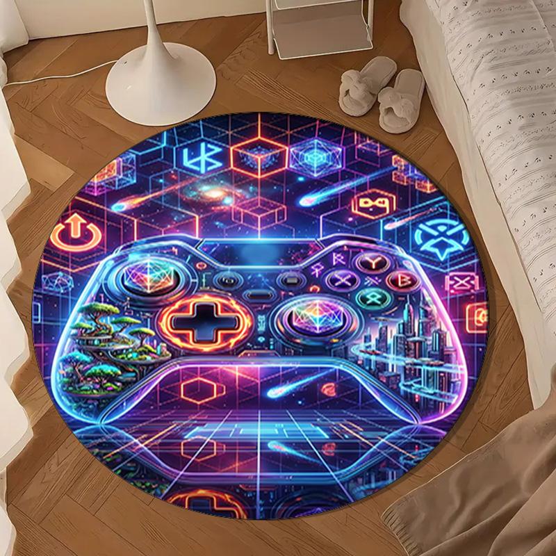 Neon Gaming Controller Round Rug for Livingroom,Bedroom, Palyroom, Chair Rug, Area Rug, Circle Carpet, Large Size Fan Christmas Gift