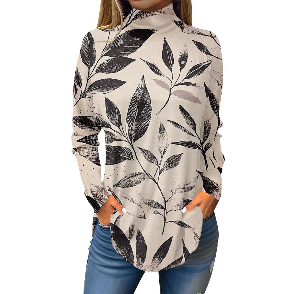 Tee Shirts For Women Fall Casual Long Sleeve Shirts Sweatshirt Vintage Printed High Neck Top Pullover