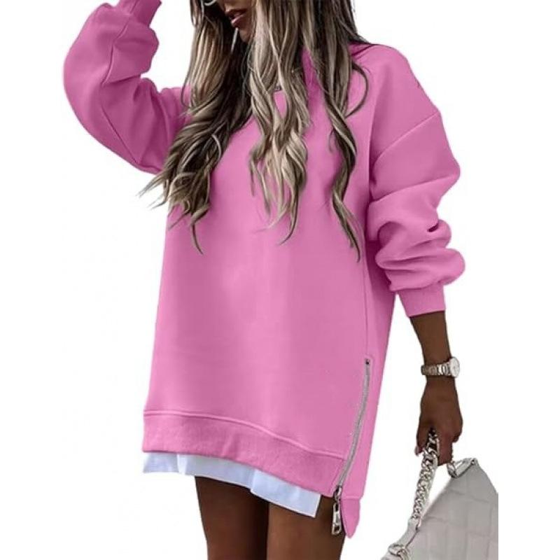 Women's Spring Autumn Fashion Splicing Side Zipper Design Sweatshirt Round Neck Long Sleeved Mid Length Irregular Tops