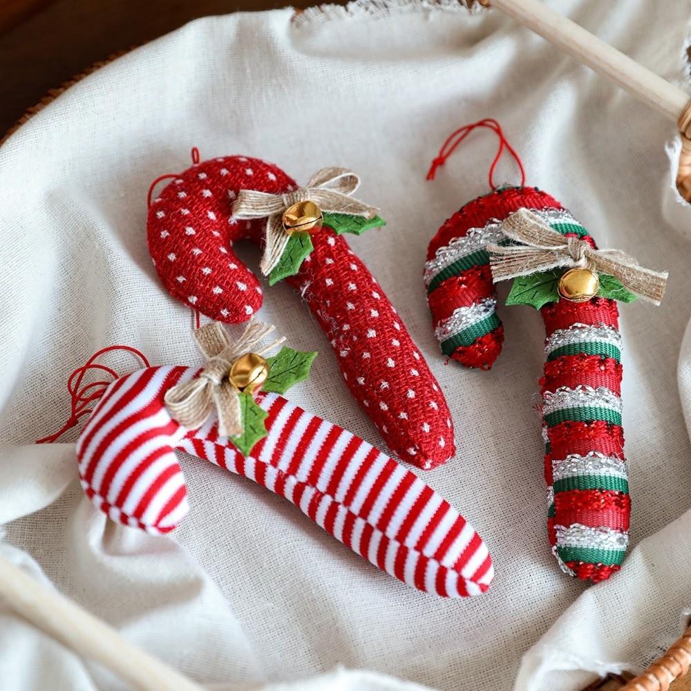 Red White Christmas Candy Cane Pendan Bell Bow Cartoon Hanging Lollipop Ornament Cloth Decortative Candy Ornament