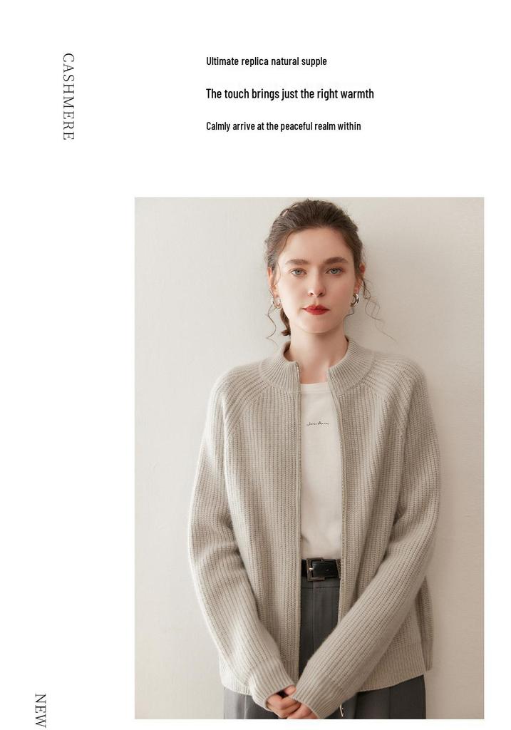 Women's Thick Striped Knit Cashmere Cardigan, Half-High Collar, Long Sleeve, Loose Fit, Slimming Outerwear for Autumn and Winter