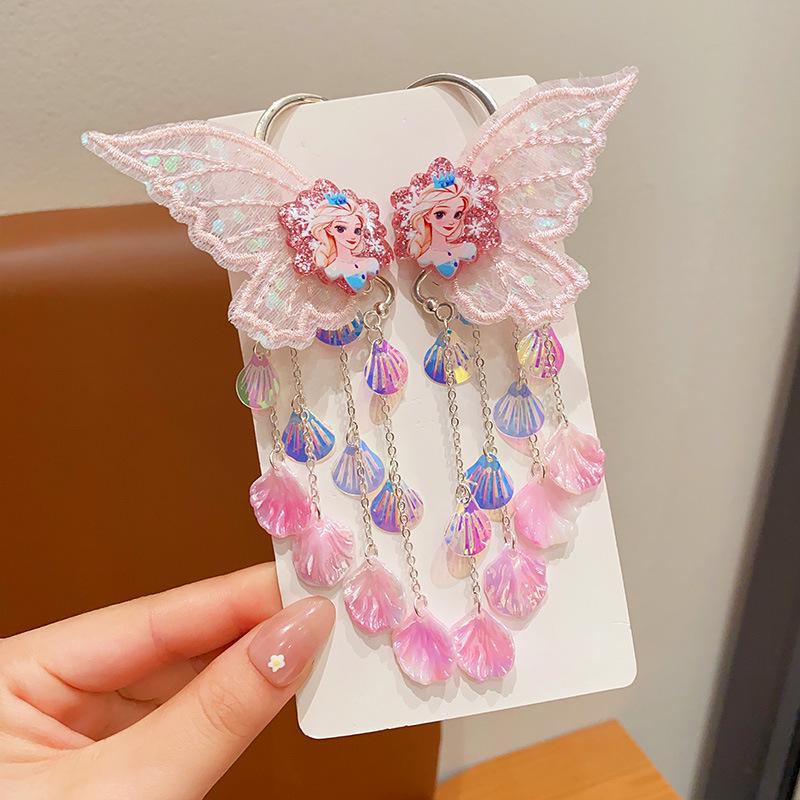 Dětské střapcové náušnice s mořskou pannou: Design mušle s vílou a motýlem pro malé princezny