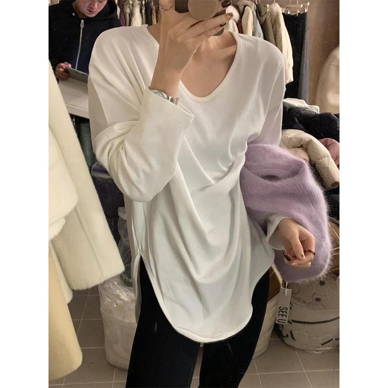 Basic white T-shirt women's large size loose top Dongde velvet warm split-ended long-sleeved inner bottoming shirt