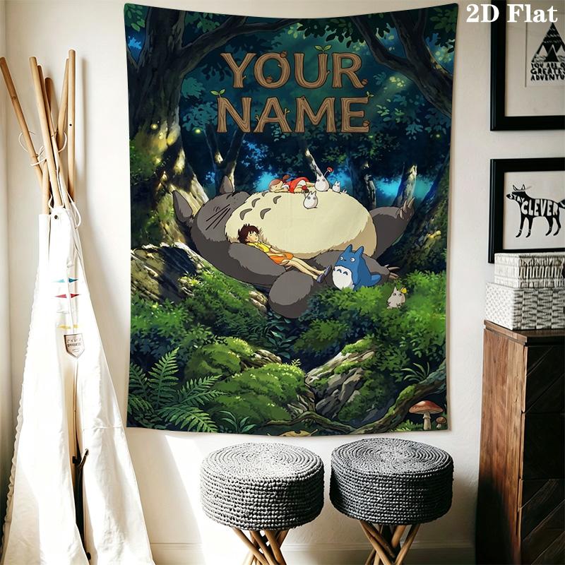 Name Custom Anime-Totoros Wall Tapestry Aesthetic Wall Hanging Printed Fabric Blanket Decorative Tapestries for Bedroom Living Room Home Decor
