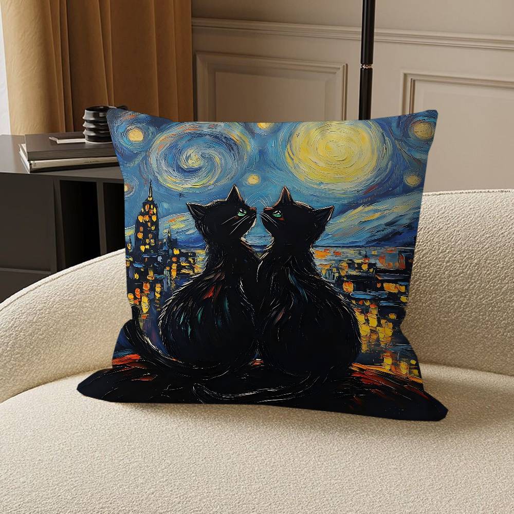 Black Cat Van Gogh Pillow Cushion Cover Pillowcase Living Room Sofa Home Decor Customized