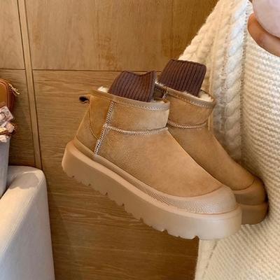 Cowhide Version Thermal Cotton Shoes, Thick-Soled Waterproof Sheepskin And Fur Integrated, Fluffy Short Boots, Women'S Snow Boots