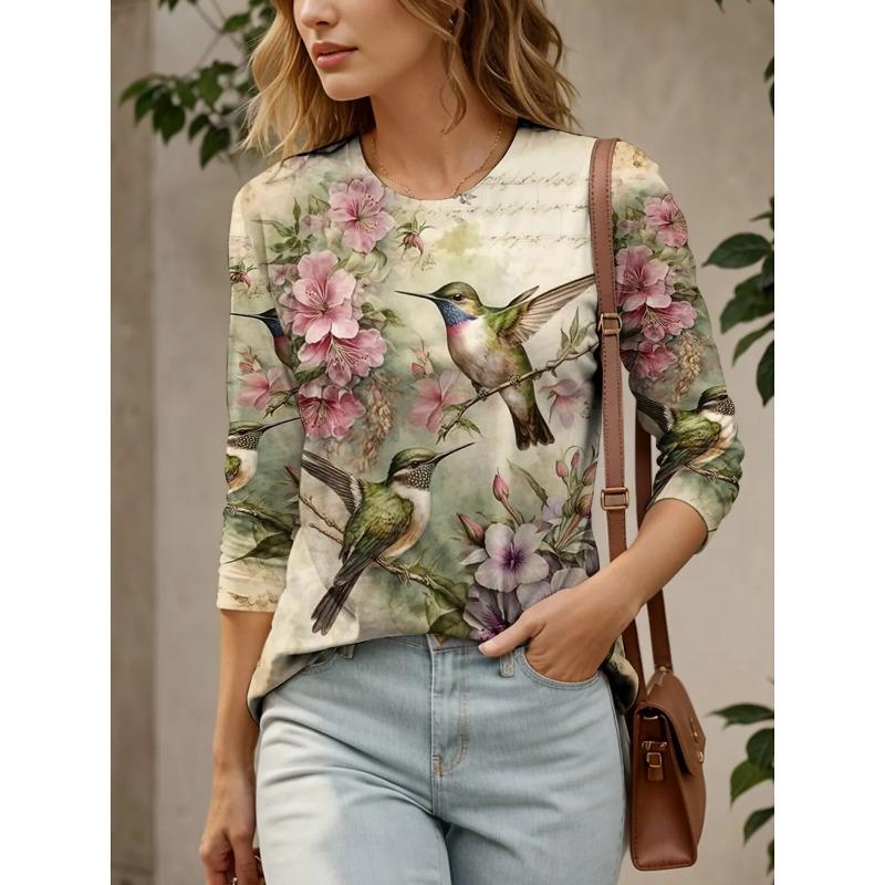Spring and Autumn Round Neck Floral Bird Graphic 3D Printed Top Fashionable Casual Long Sleeved Women's T-shirts
