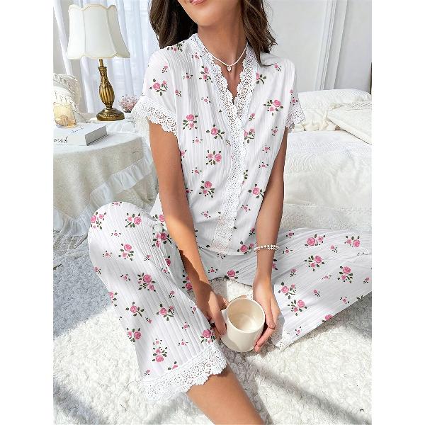 Damen-Pyjama-Set mit Spitzenbesatz, kurzärmliges Oberteil mit Knopfleiste vorne und lange Hose mit Kirschdruck, 2-teilig, Nachtwäsche, Homewear