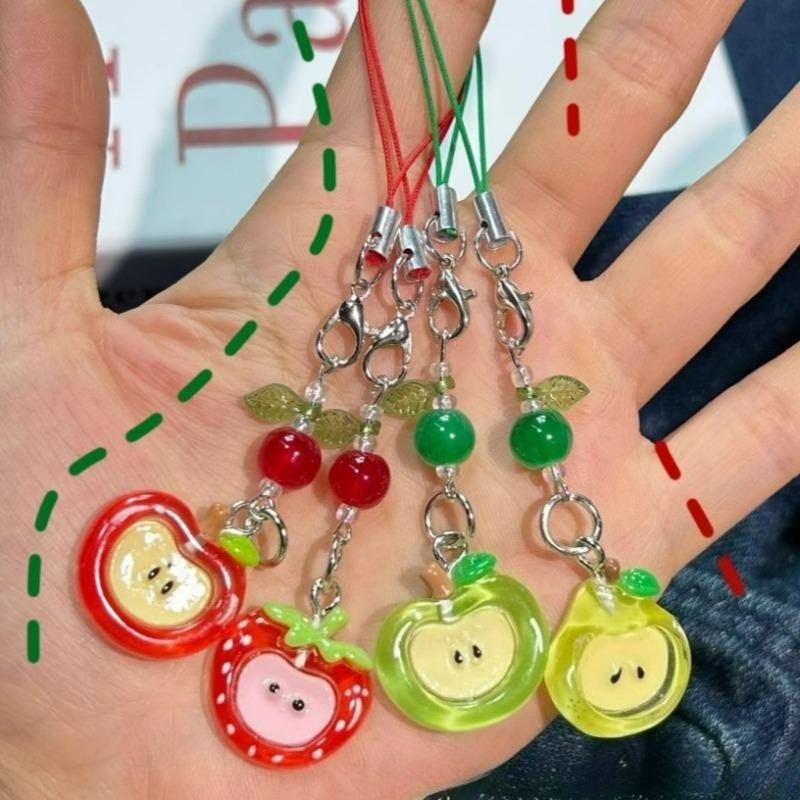 Red Green Apple Handmade Pendant Phone Chain Bead Hanging Ornament Camera Chain Cute Ins Girl Heart Key Chain Accessories