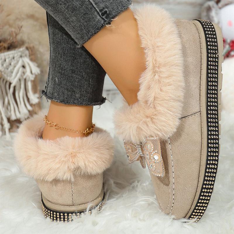 Fashion Bowknot Crystal Detor Snow Boot Women Winter Slip On Furry Snow Boots for Woman Round Toe Short Plush Warm Booties Laides