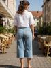 Puffanpop Women's High Waisted Wide Leg Capri Jeans - Frayed Hem Washed Denim Cropped Culottes for Casual Summer Wear