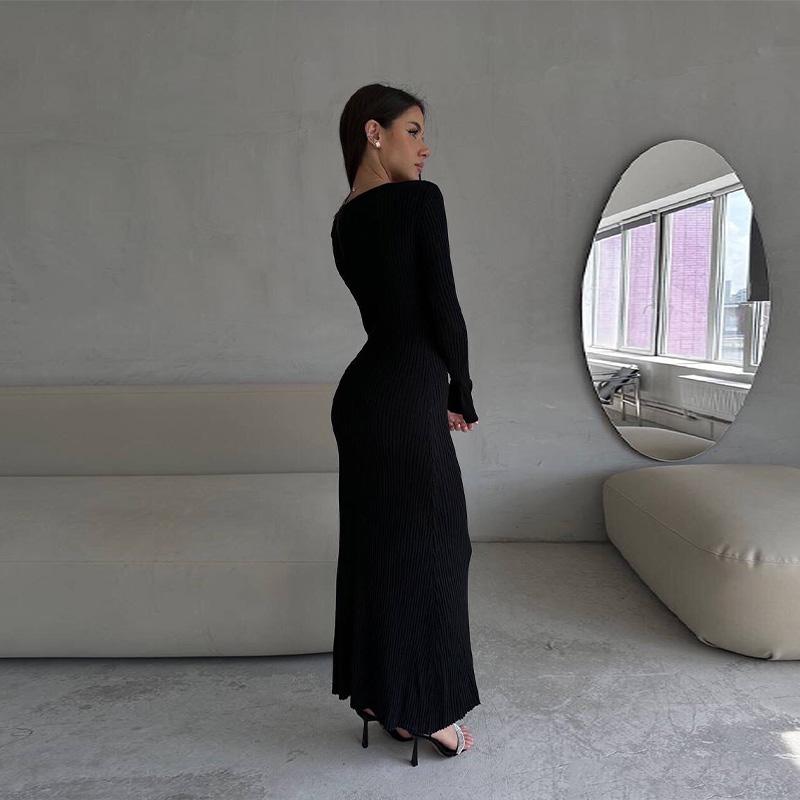 Women Elegant Solid Slim Long Sleeve Ribbed Knitted Dresses Autumn Winter Casual Basic V-neck Warm Sweater Dress