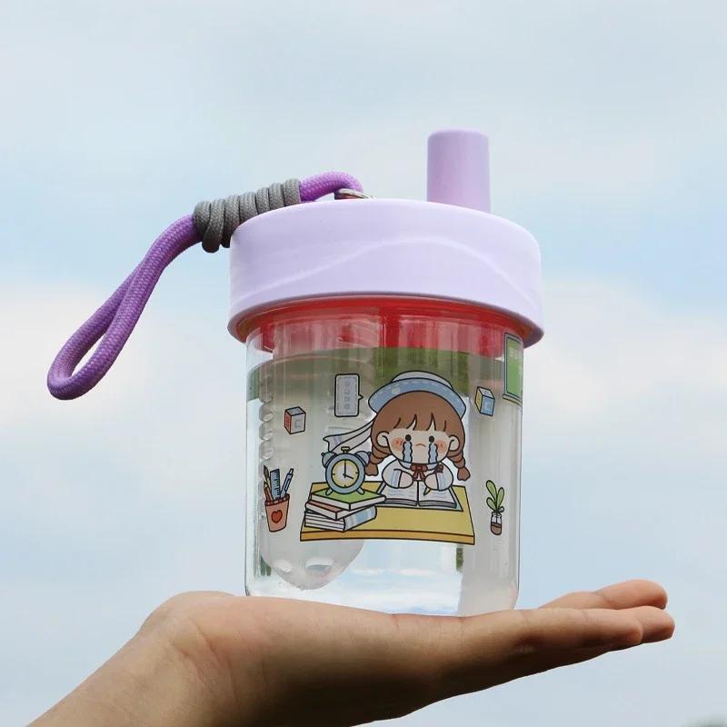550ml Cute Children Drinking Water Bottle Straw Portable Bottle Student Couple Plastic Cup Gift School Kids