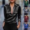 Chemise pour femme Col à revers Décolleté en V Manches longues Satin Lisse Chemisiers Couleur Unie Coupe Ample Satin Lisse Chemise Dame de Bureau Usage Quotidien