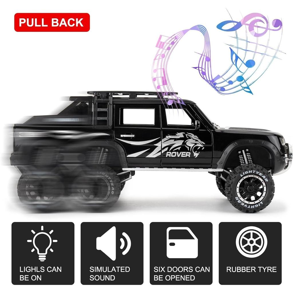Toy Car 1/24 Land Rover Defender Six Wheels Off Road Pickup Car Model,Pull Back Diecast Truck Collectible Truck with Sounds  Lights for Kids Adults