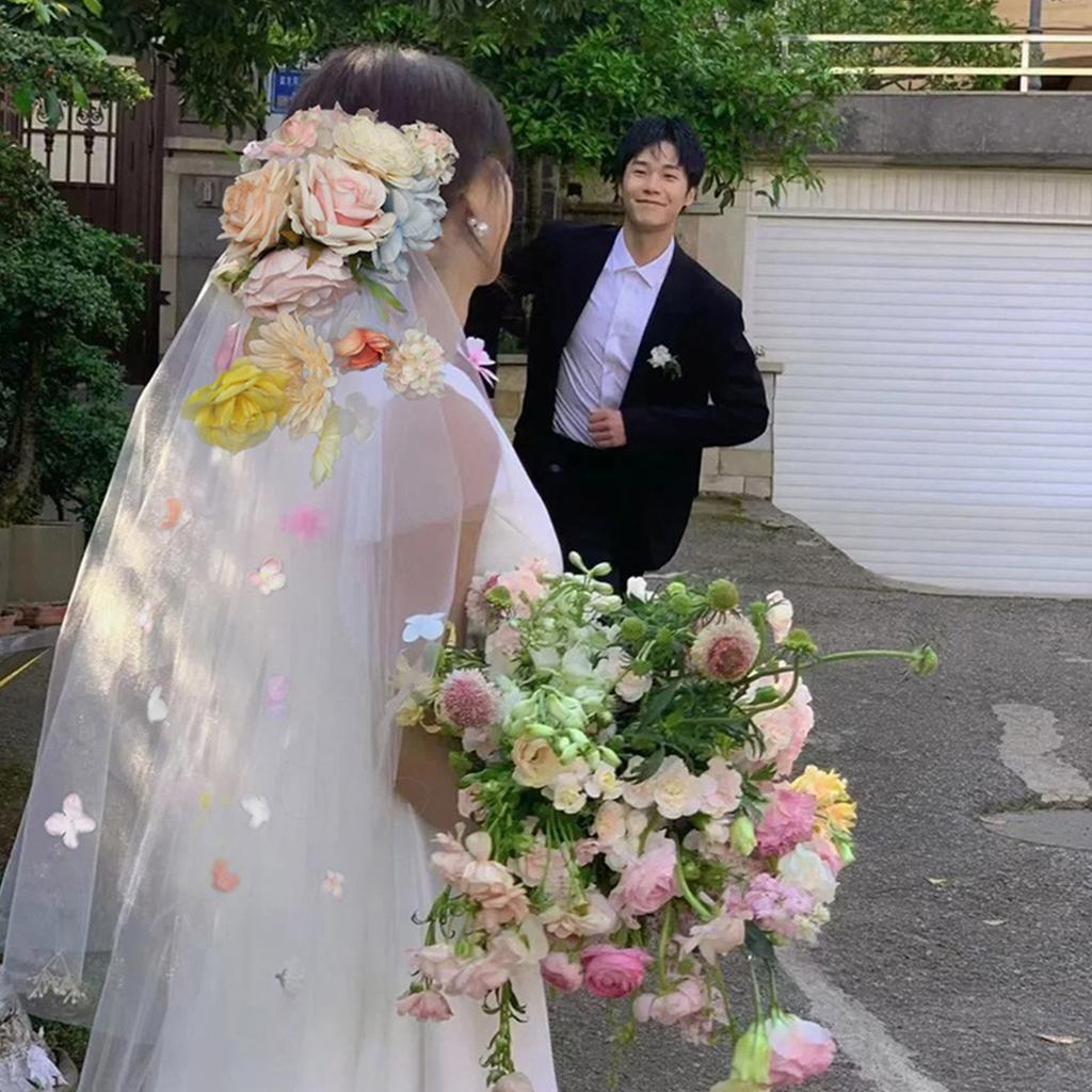 Bride Veil Colorful Flower Studded Veil Head Covering Wedding Hair Sheer White Wedding Veil Headscarf Mantilla Veil