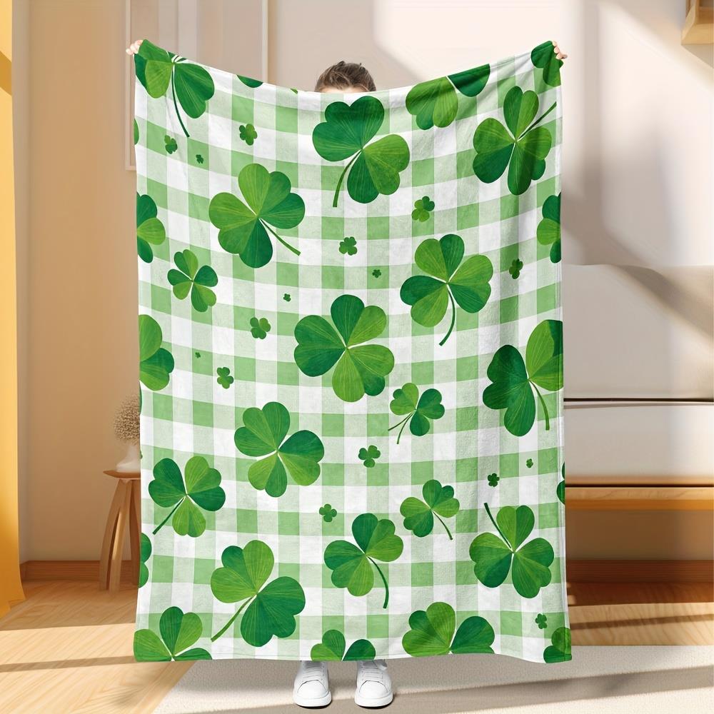 

1pc Green clover plaid blanket polyester fabric machine washable suitable for sofas beds offices and home décor 75x100cm
