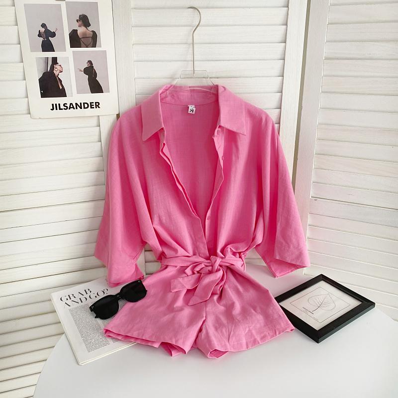 

Женский комбинезон Sense с рубашочным воротником в европейском и американском стиле, лето 2024, новый универсальный пояс с завязками и короткими рукавами Ju фуксия