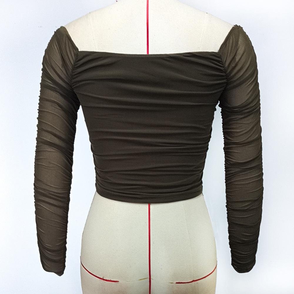 Spring and Autumn Women's Neckline Short Slim Mesh Long Sleeve Top