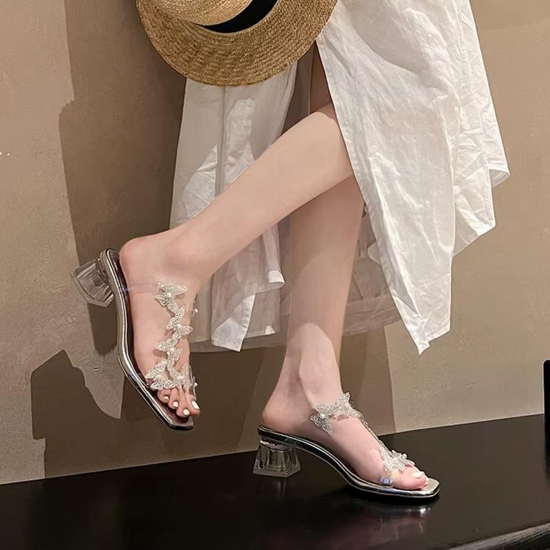 Fashion Rhinestone Sandals Women 2025 Summer New Fairy Wind Beautiful Fashion Butterfly Crystal Heel High Heel Half Slippers Outer Wear
